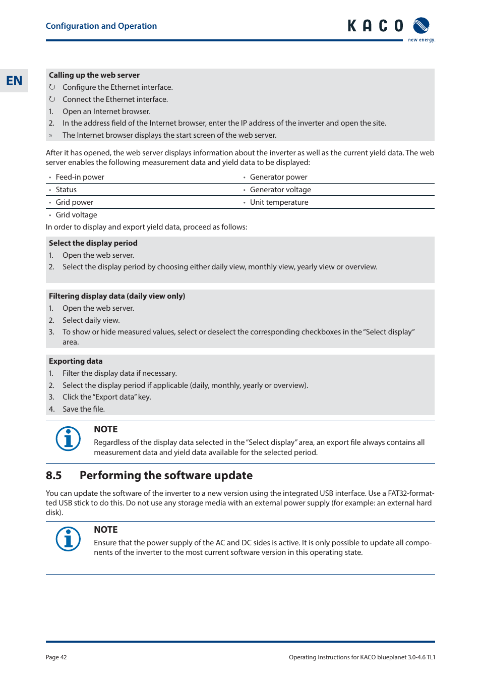 5 performing the software update | KACO blueplanet 3.0 - 4.6 TL1 User Manual | Page 42 / 56