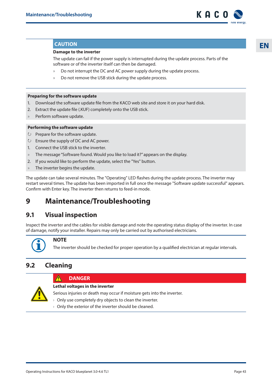 9maintenance/troubleshooting, 1 visual inspection, 2 cleaning | KACO blueplanet 3.0 - 4.6 TL1 User Manual | Page 43 / 56