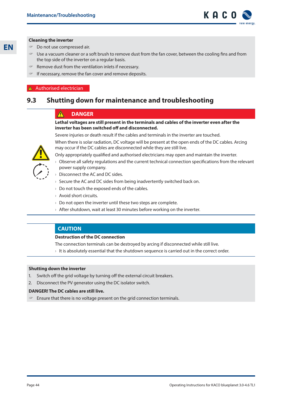 KACO blueplanet 3.0 - 4.6 TL1 User Manual | Page 44 / 56