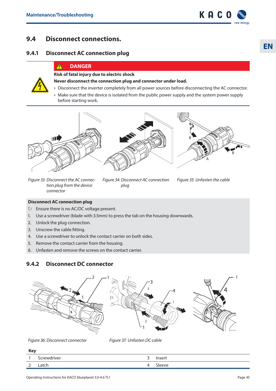 4 disconnect connections, 1 disconnect ac connection plug, 2 disconnect dc connector | KACO blueplanet 3.0 - 4.6 TL1 User Manual | Page 45 / 56