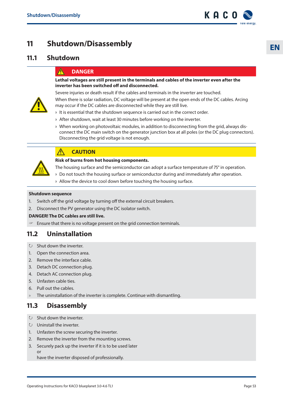 11 shutdown/disassembly, 1 shutdown, 2 uninstallation | 3 disassembly | KACO blueplanet 3.0 - 4.6 TL1 User Manual | Page 53 / 56