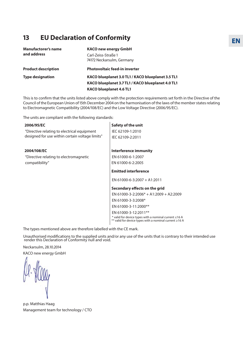 En 13 eu declaration of conformity | KACO blueplanet 3.0 - 4.6 TL1 User Manual | Page 55 / 56