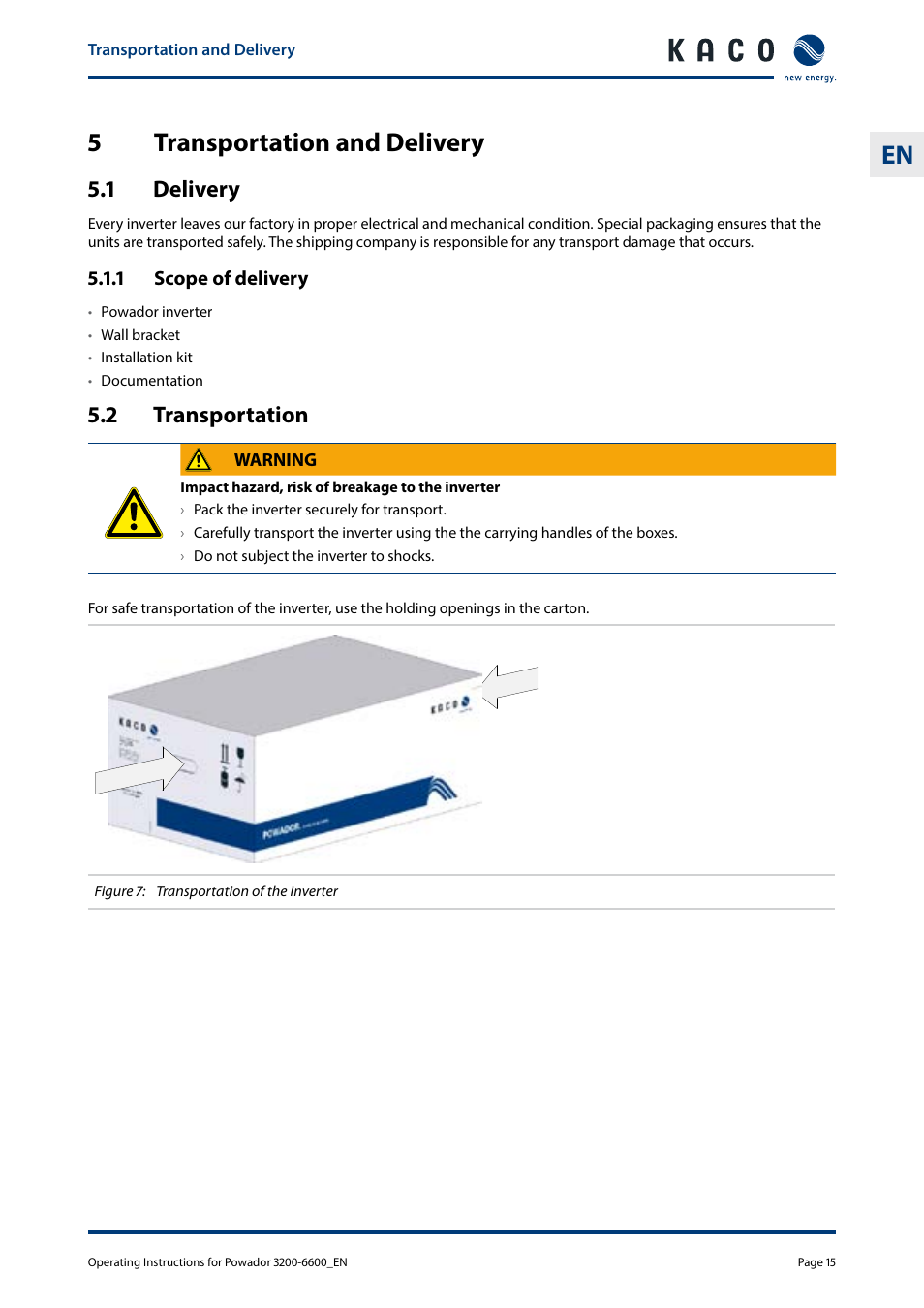 5 transportation and delivery, 1 delivery, 2 transportation | Transportation and delivery, 1 delivery 5.2 transportation, 5transportation and delivery | KACO Powador 3200 - 6600 User Manual | Page 15 / 52