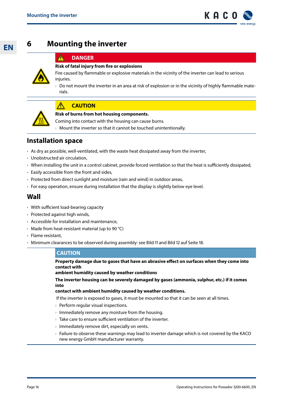 6 mounting the inverter, Mounting the inverter, 6mounting the inverter | Installation space, Wall | KACO Powador 3200 - 6600 User Manual | Page 16 / 52