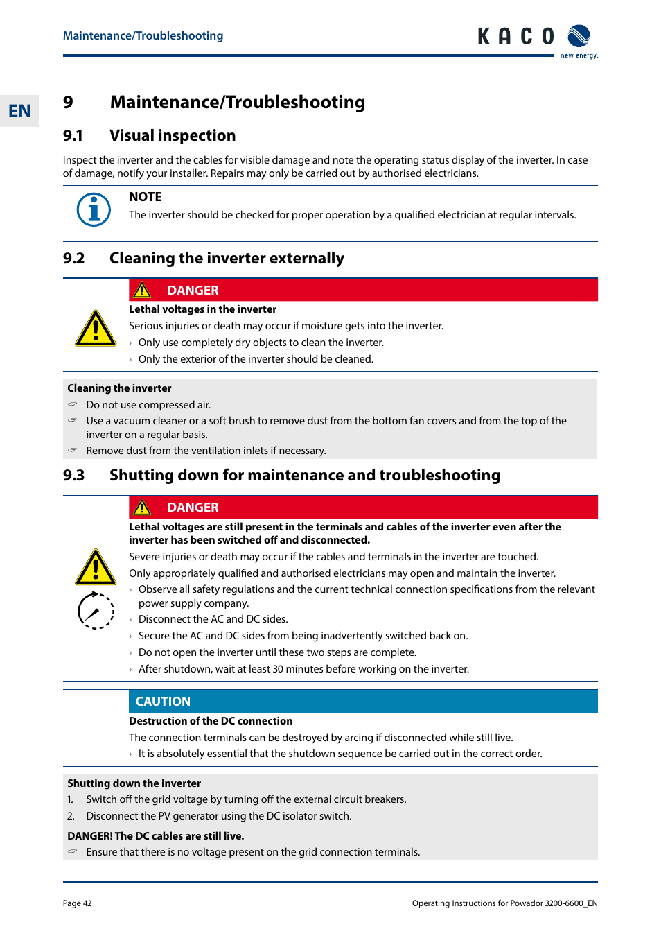 9 maintenance/troubleshooting, 1 visual inspection, 2 cleaning the inverter externally | 9 maintenance/troubleshooting 9.1, Visual inspection, Cleaning the inverter externally, Shutting down for maintenance, And troubleshooting, 9maintenance/troubleshooting | KACO Powador 3200 - 6600 User Manual | Page 42 / 52