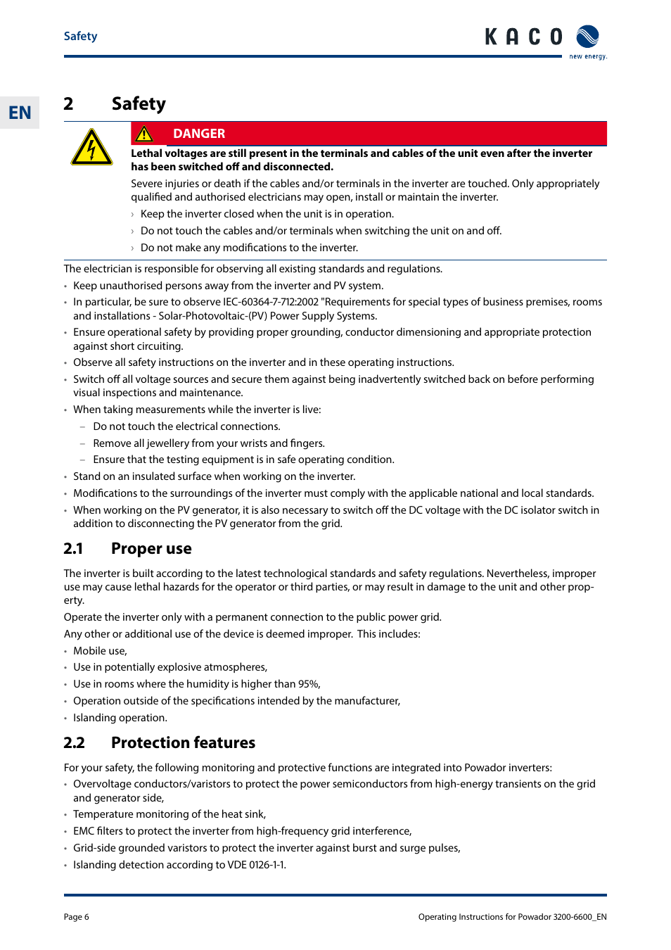 2 safety, 1 proper use, 2 protection features | 2 safety 2.1, Proper use, Protection features, 2safety | KACO Powador 3200 - 6600 User Manual | Page 6 / 52