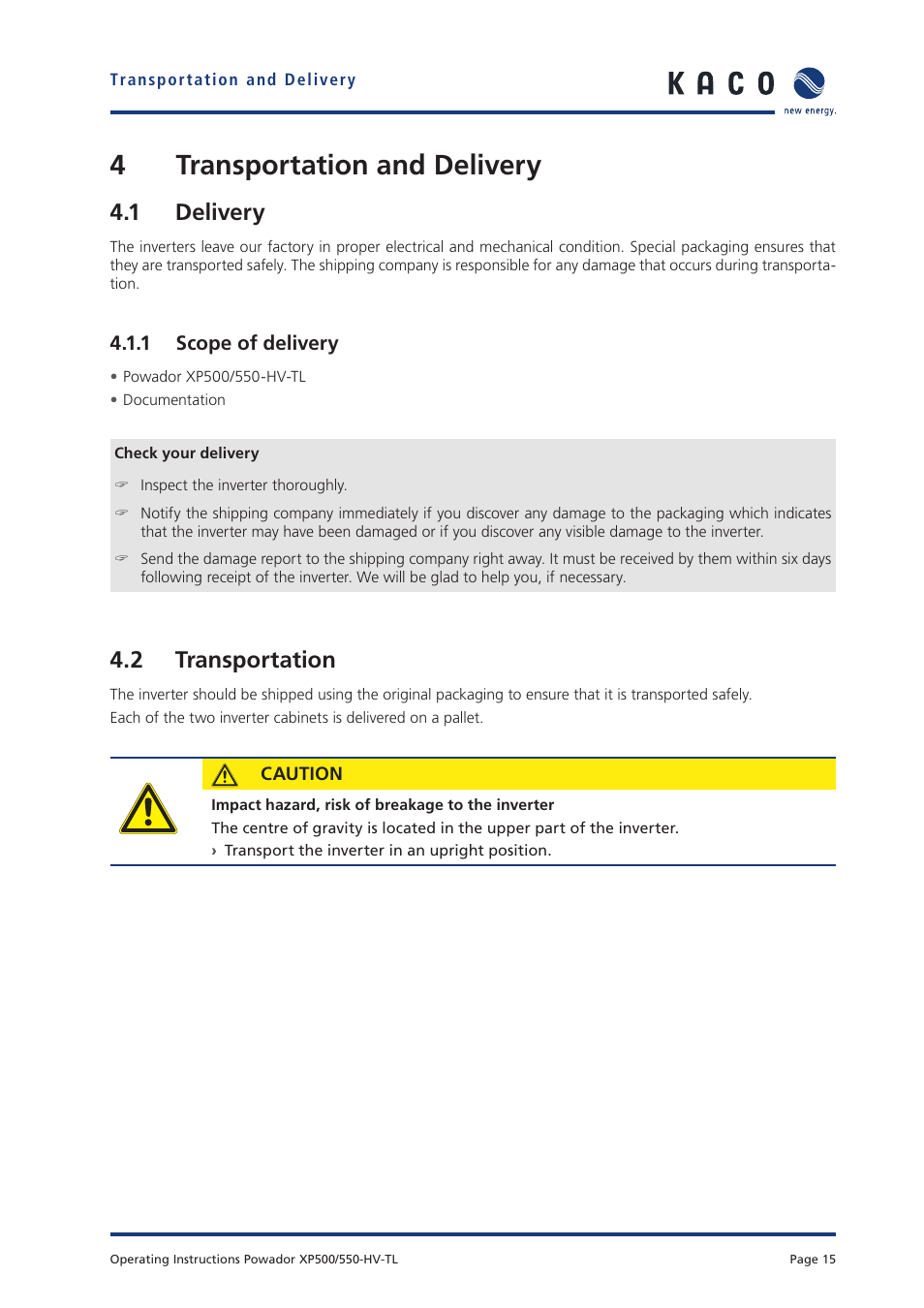 4transportation and delivery, 1 delivery, 2 transportation | KACO Powador XP500-XP550-HV TL User Manual | Page 15 / 102