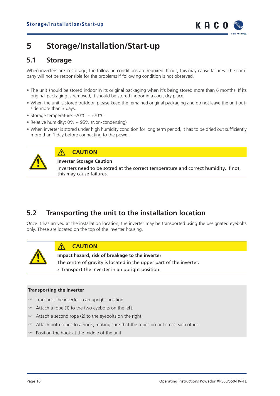 5storage/installation/start-up, 1 storage | KACO Powador XP500-XP550-HV TL User Manual | Page 16 / 102