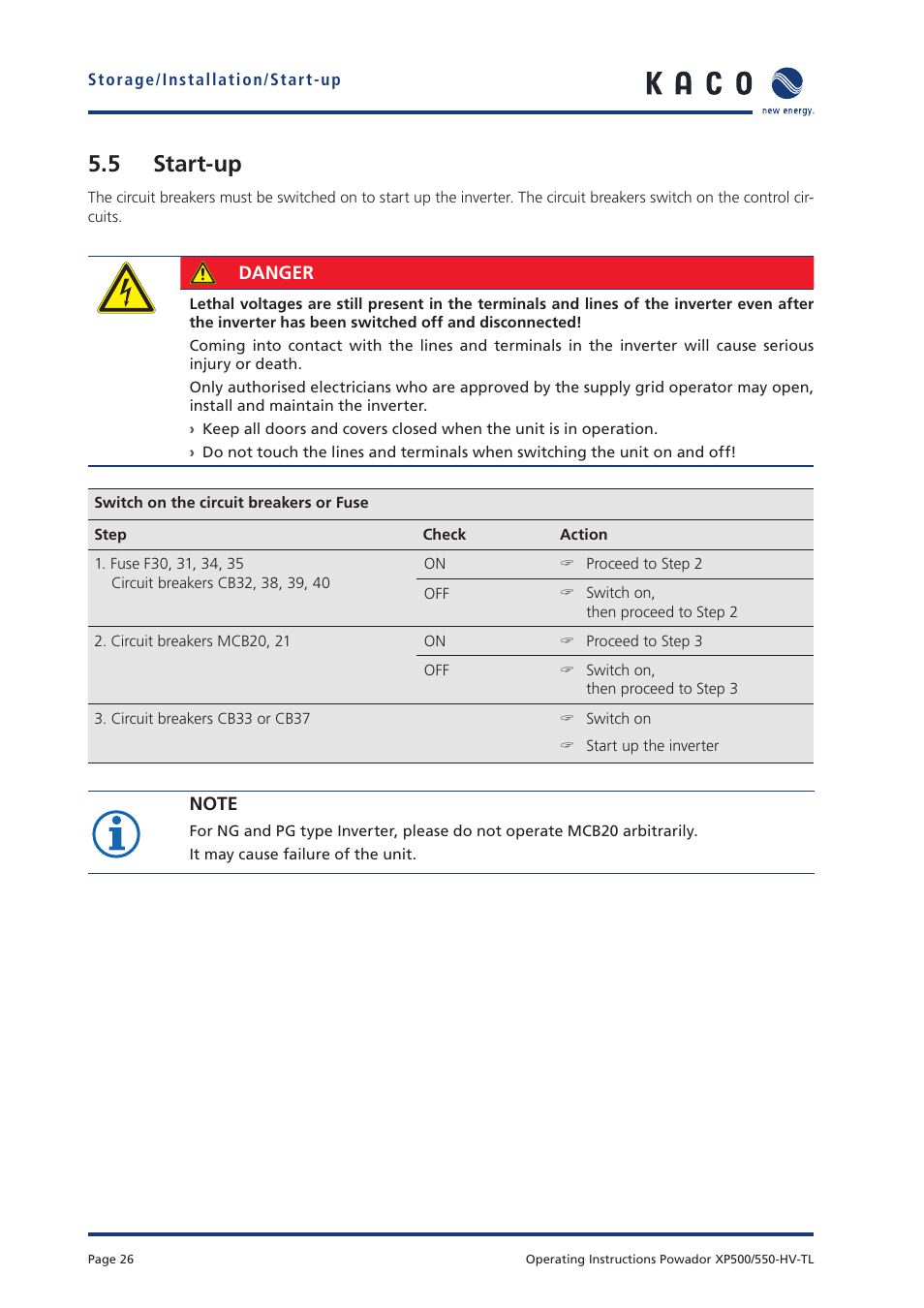 5 start-up | KACO Powador XP500-XP550-HV TL User Manual | Page 26 / 102