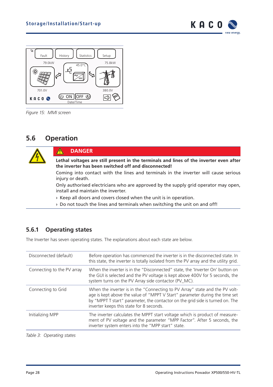 6 operation, 1 operating states, Danger | KACO Powador XP500-XP550-HV TL User Manual | Page 28 / 102