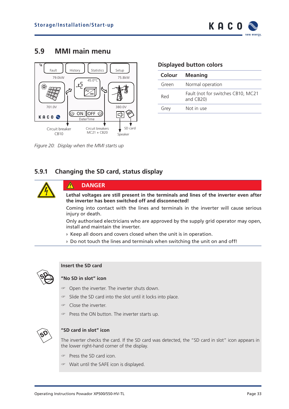 9 mmi main menu, 1 changing the sd card, status display, Displayed button colors | Danger | KACO Powador XP500-XP550-HV TL User Manual | Page 33 / 102