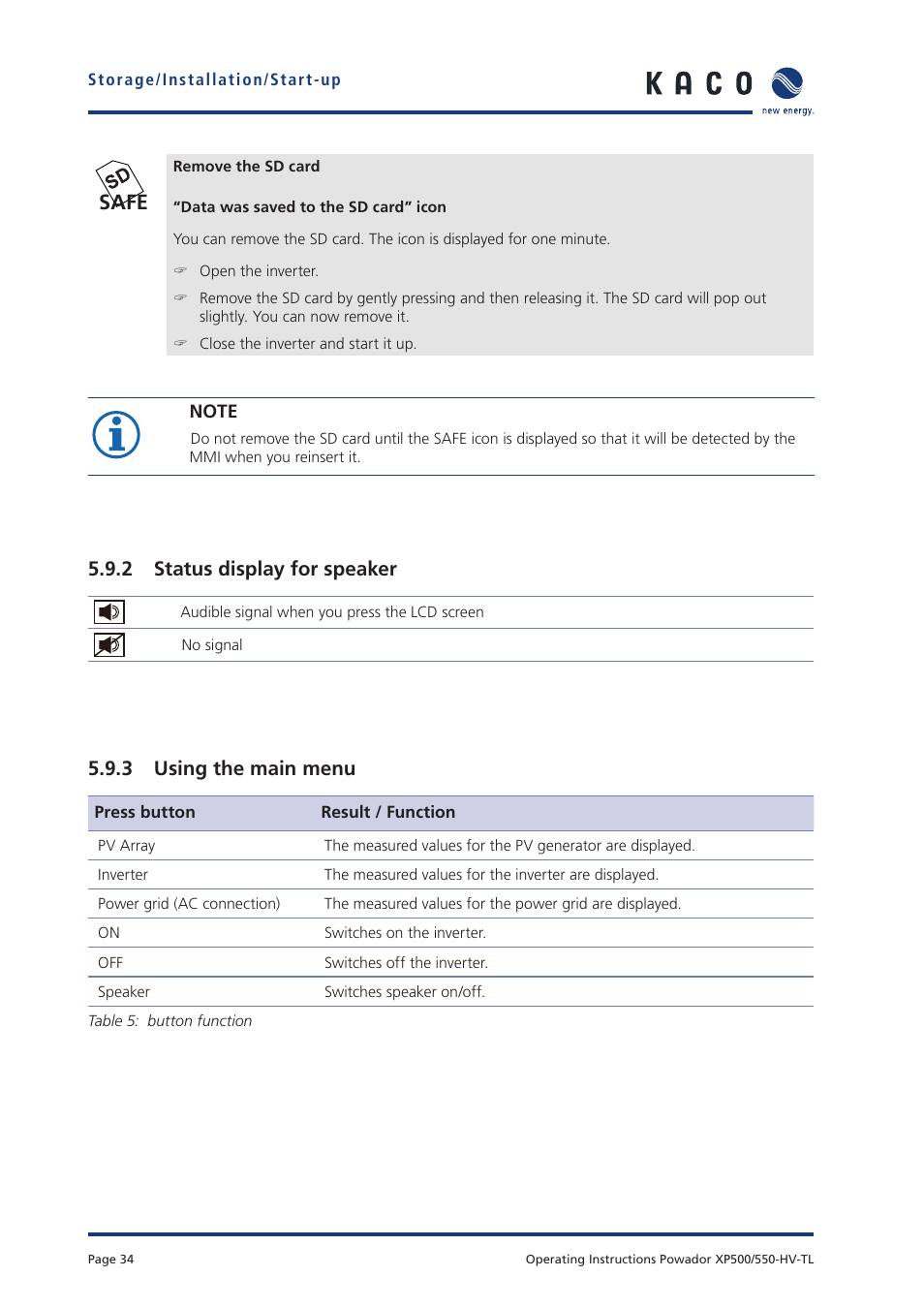 Safe, 2 status display for speaker, 3 using the main menu | KACO Powador XP500-XP550-HV TL User Manual | Page 34 / 102