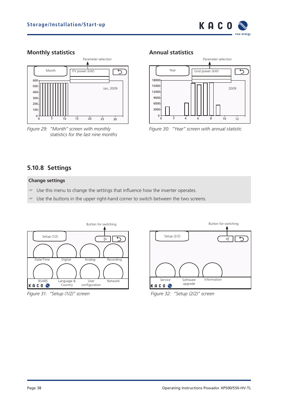 8 settings, Monthly statistics annual statistics, Storage/installation/start-up | KACO Powador XP500-XP550-HV TL User Manual | Page 38 / 102