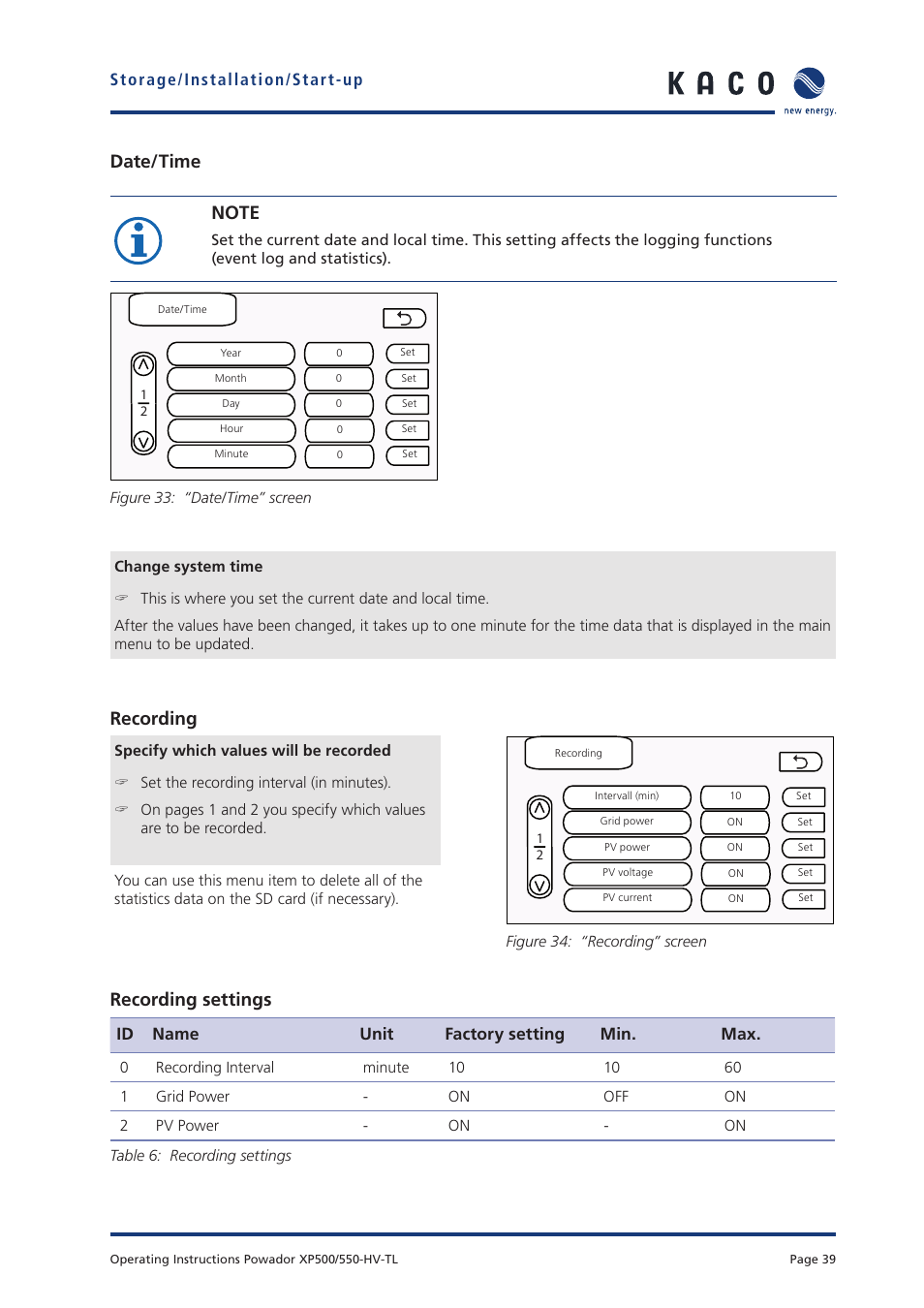 Recording, Recording settings | KACO Powador XP500-XP550-HV TL User Manual | Page 39 / 102