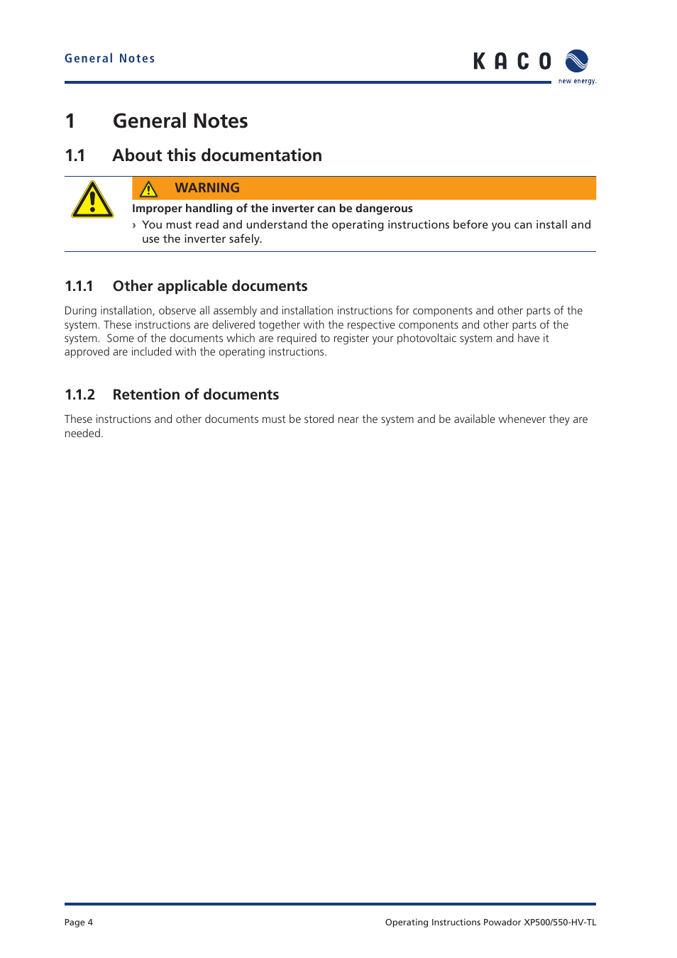 1 about this documentation | KACO Powador XP500-XP550-HV TL User Manual | Page 4 / 102