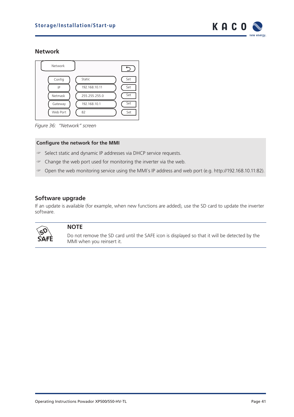 Safe, Network, Software upgrade | KACO Powador XP500-XP550-HV TL User Manual | Page 41 / 102