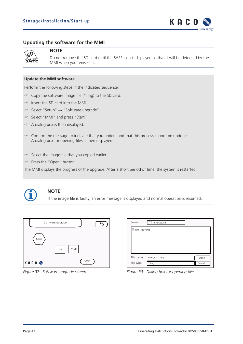 Safe, Updating the software for the mmi | KACO Powador XP500-XP550-HV TL User Manual | Page 42 / 102