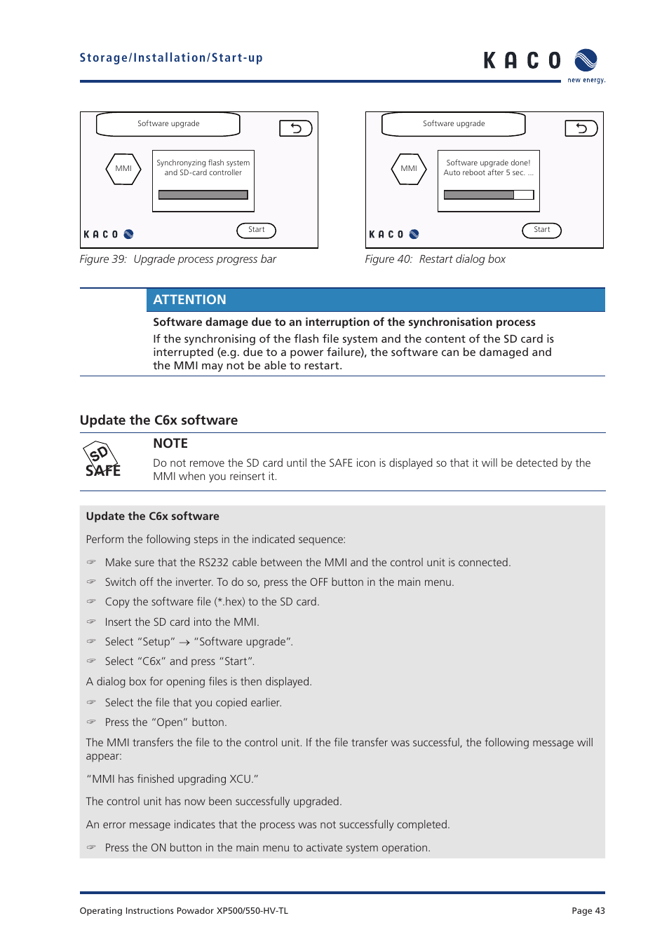 Safe, Attention, Update the c6x software | KACO Powador XP500-XP550-HV TL User Manual | Page 43 / 102