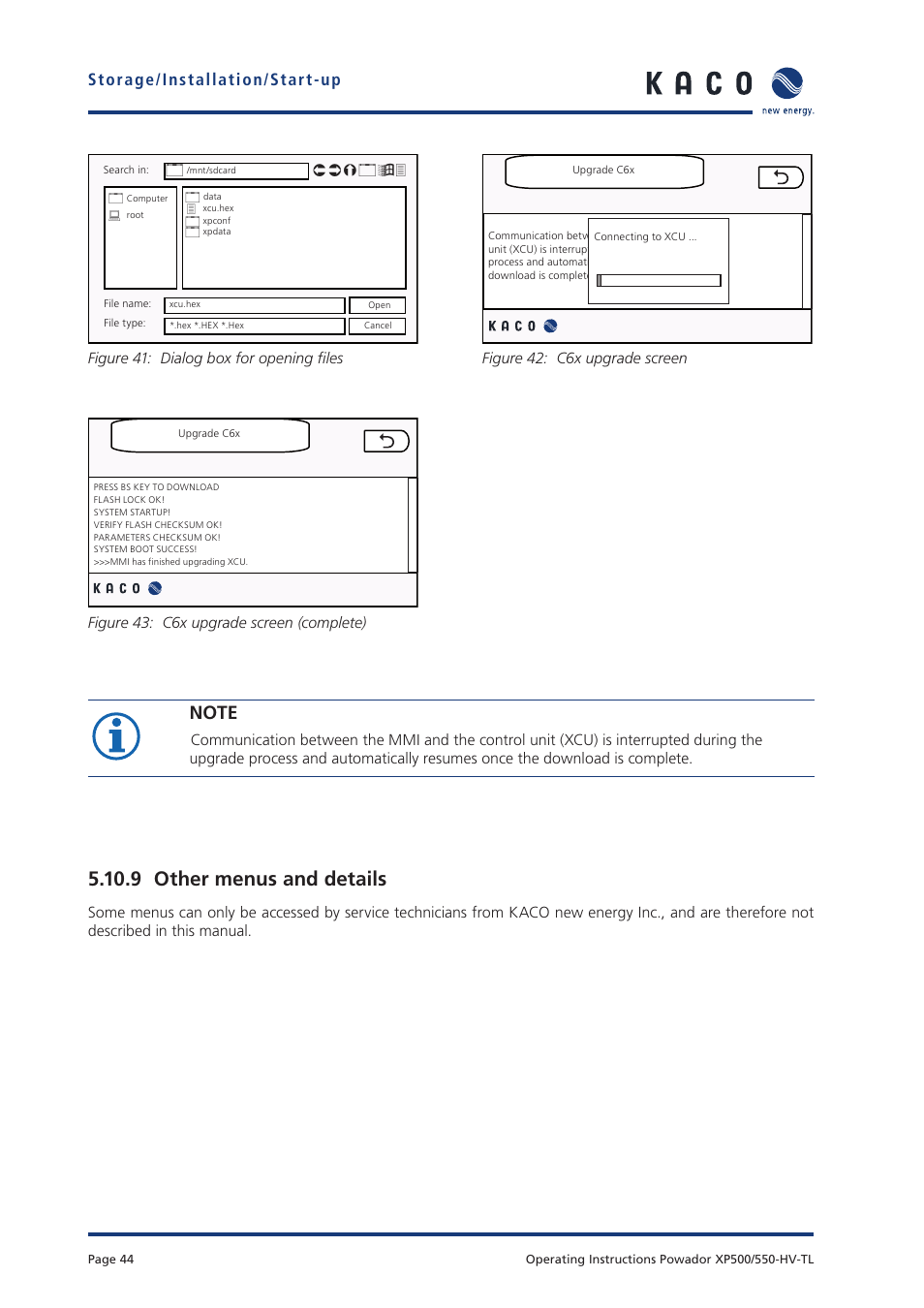 9 other menus and details, Storage/installation/start-up, Figure 43: c6x upgrade screen (complete) | KACO Powador XP500-XP550-HV TL User Manual | Page 44 / 102