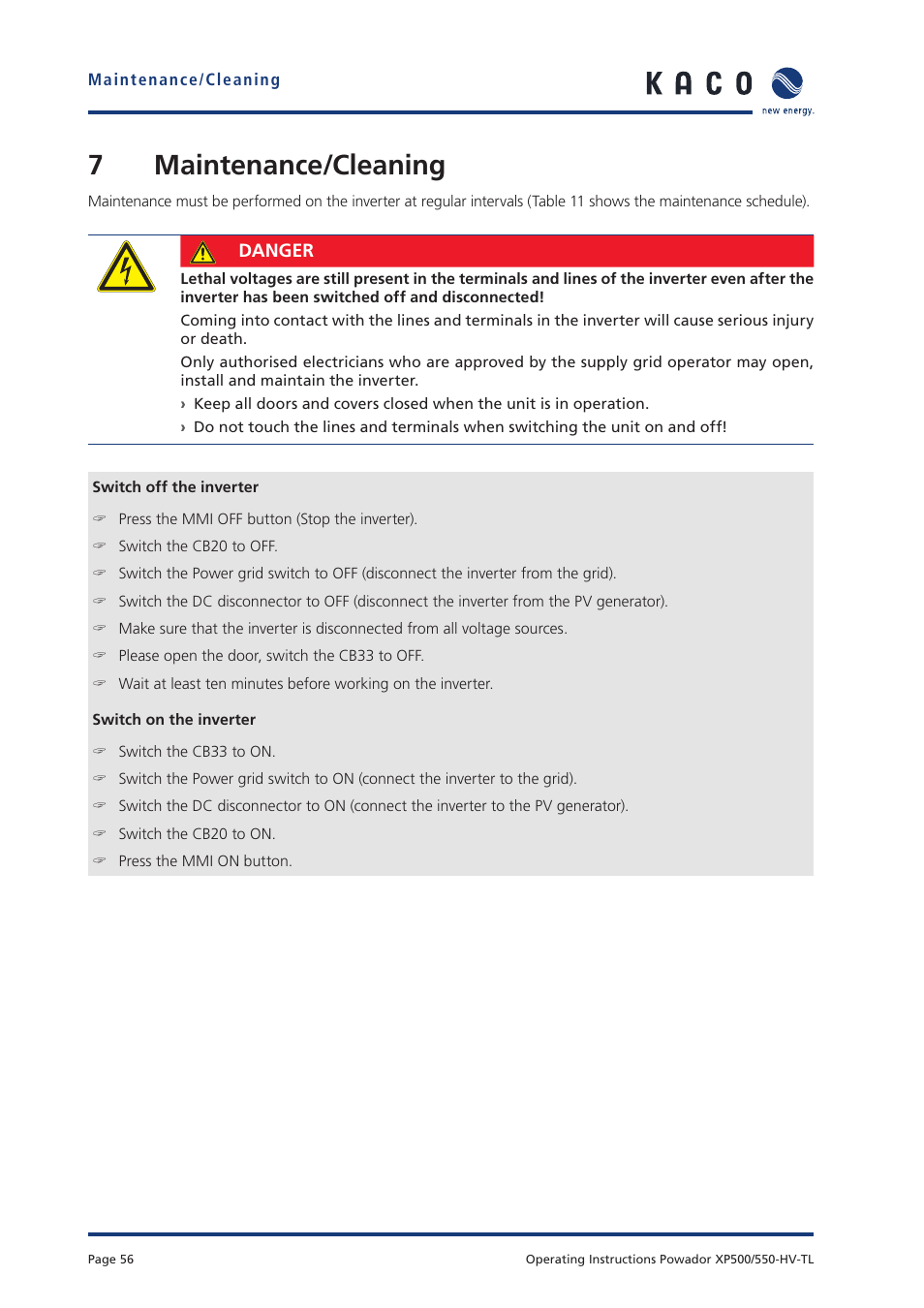 7maintenance/cleaning | KACO Powador XP500-XP550-HV TL User Manual | Page 56 / 102