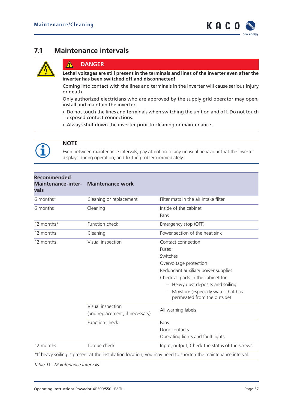 1 maintenance intervals | KACO Powador XP500-XP550-HV TL User Manual | Page 57 / 102