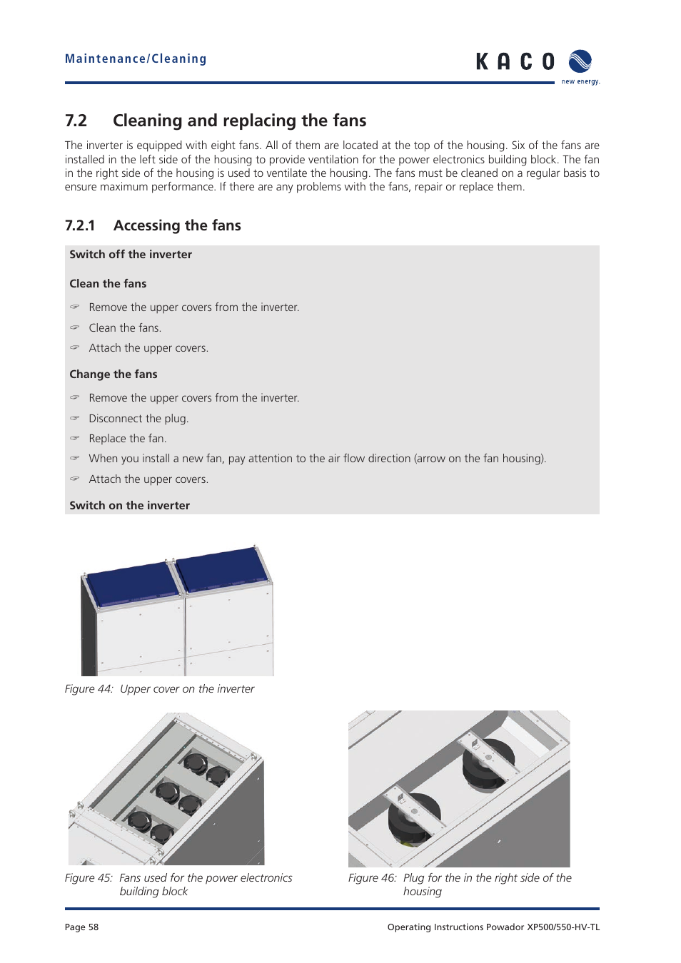 2 cleaning and replacing the fans, 1 accessing the fans | KACO Powador XP500-XP550-HV TL User Manual | Page 58 / 102