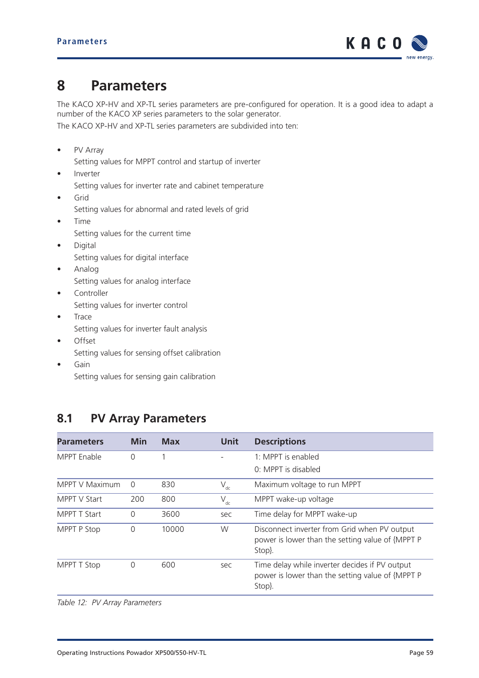 8parameters, 1 pv array parameters | KACO Powador XP500-XP550-HV TL User Manual | Page 59 / 102