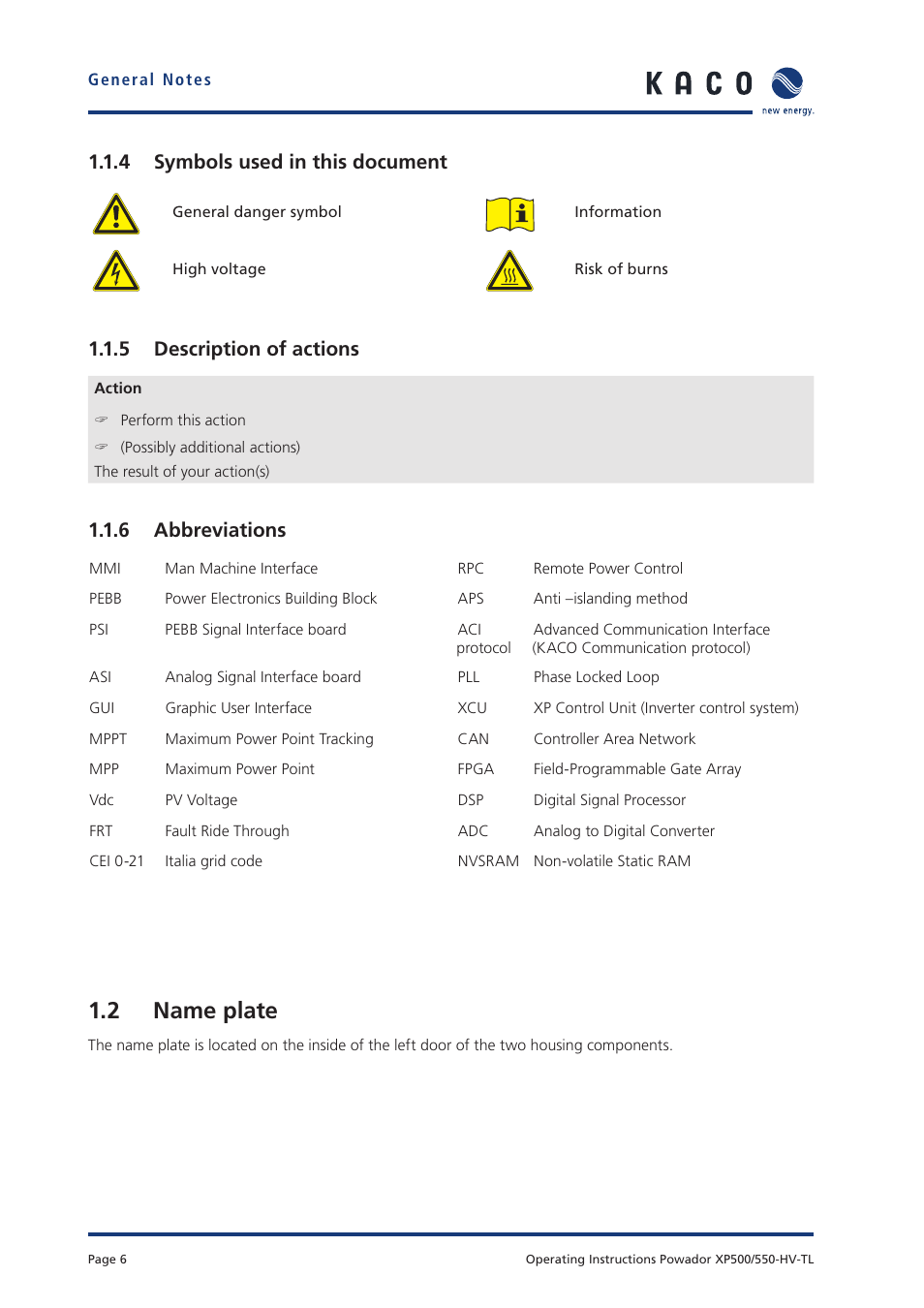 2 name plate, 4 symbols used in this document, 5 description of actions | 6 abbreviations | KACO Powador XP500-XP550-HV TL User Manual | Page 6 / 102