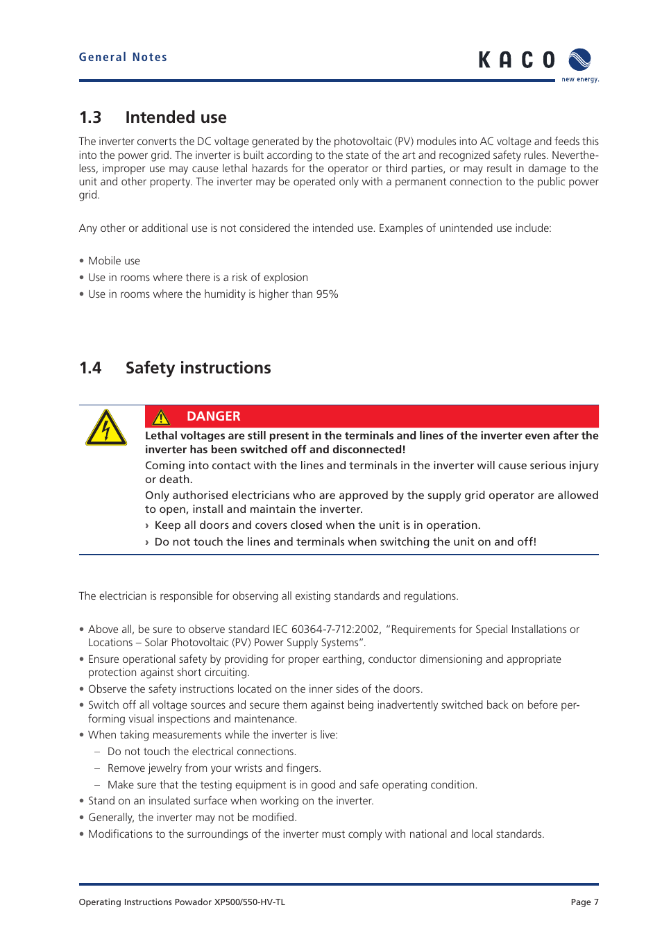 3 intended use, 4 safety instructions | KACO Powador XP500-XP550-HV TL User Manual | Page 7 / 102