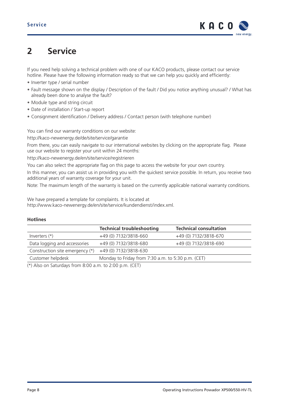 2service | KACO Powador XP500-XP550-HV TL User Manual | Page 8 / 102