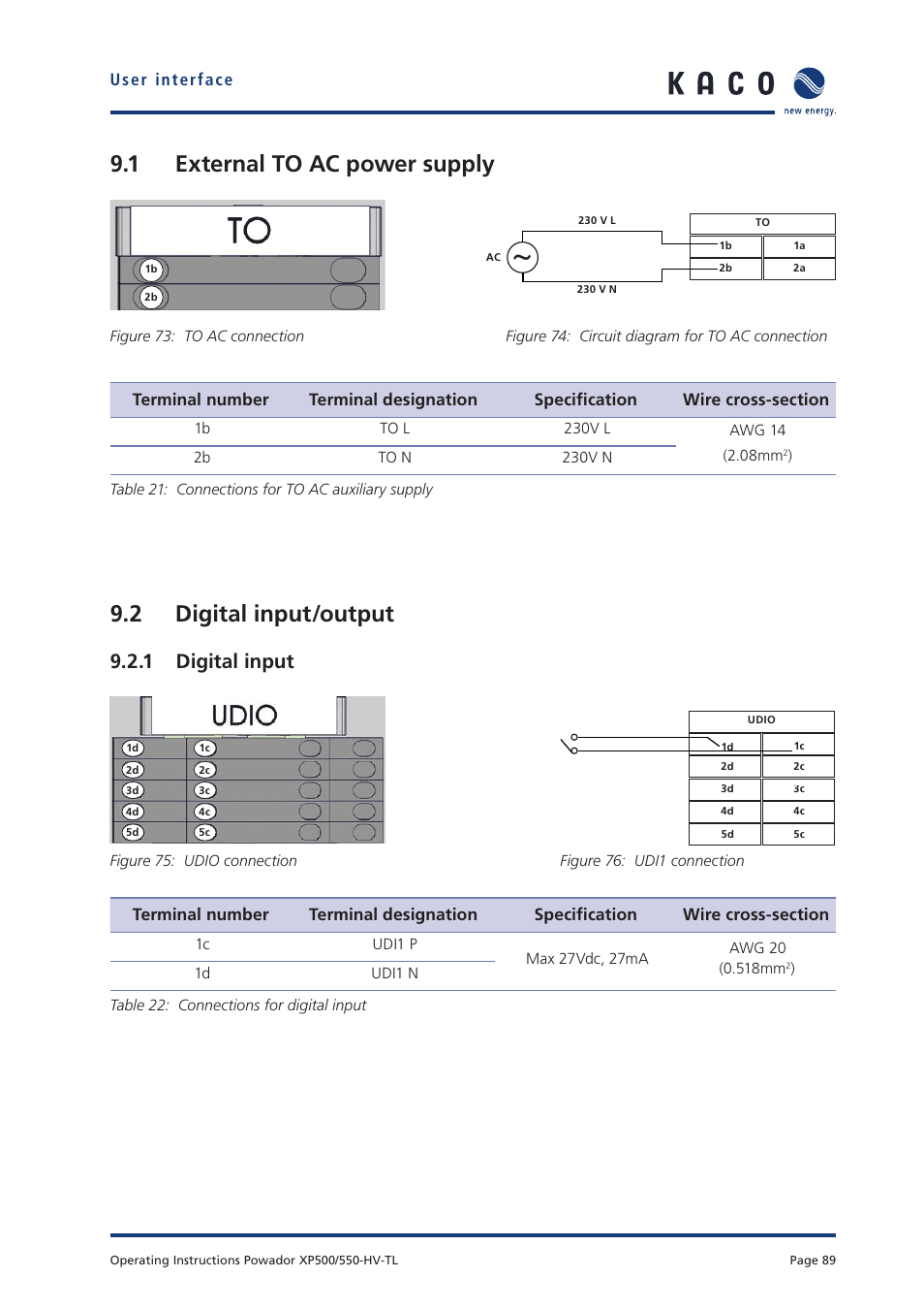 1 external to ac power supply, 2 digital input/output, 1 digital input | KACO Powador XP500-XP550-HV TL User Manual | Page 89 / 102