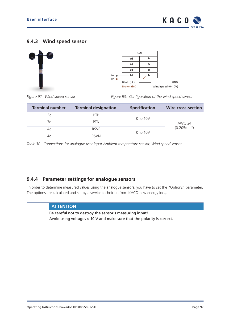 3 wind speed sensor, 4 parameter settings for analogue sensors, Attention | KACO Powador XP500-XP550-HV TL User Manual | Page 97 / 102