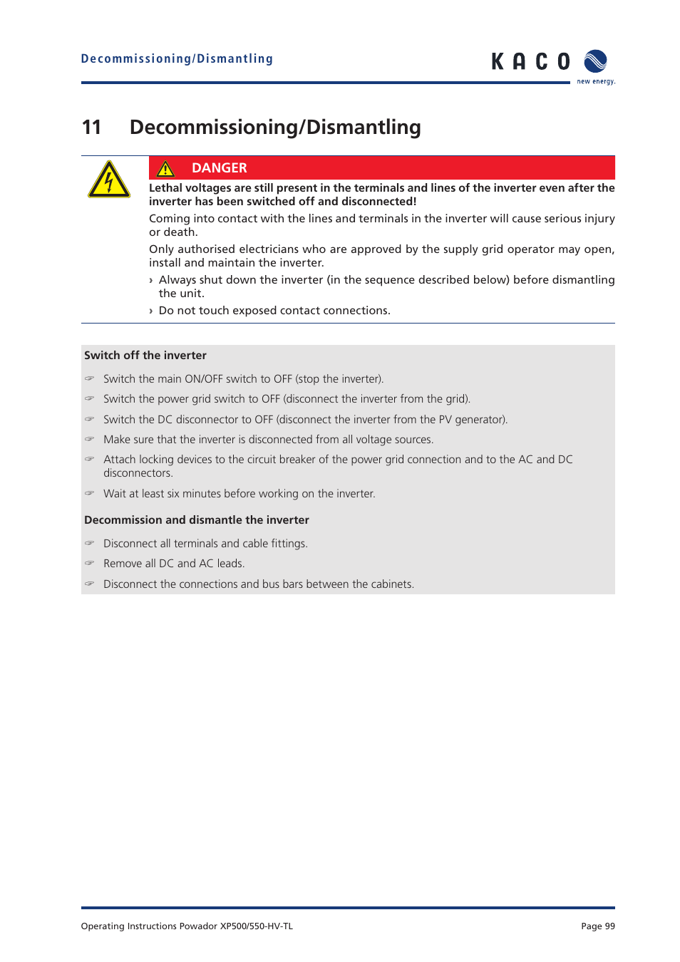 11 decommissioning/dismantling | KACO Powador XP500-XP550-HV TL User Manual | Page 99 / 102