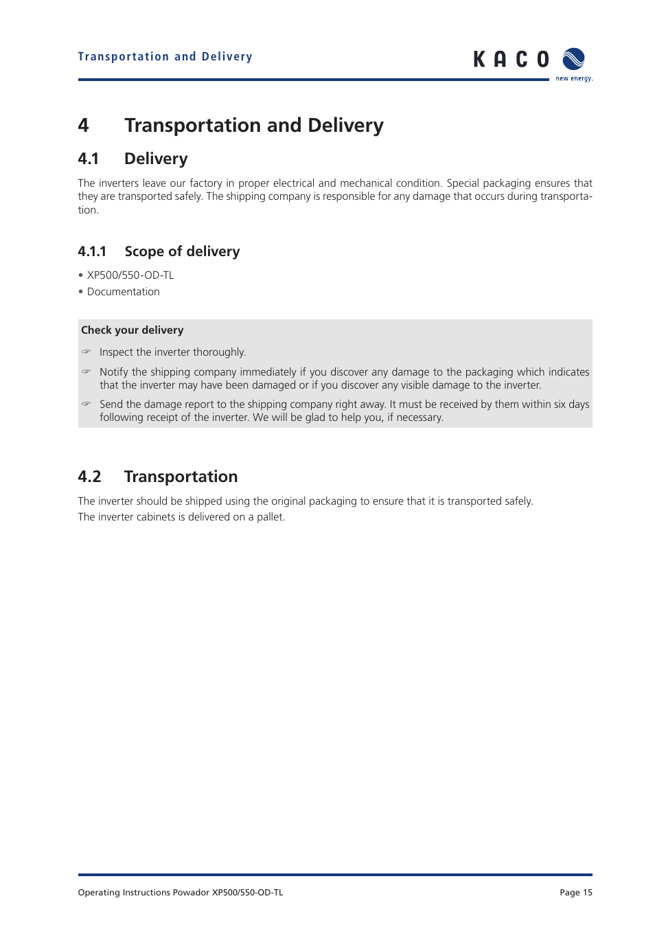 4transportation and delivery, 1 delivery, 2 transportation | KACO Powador XP500-XP550-HV TL outdoor User Manual | Page 14 / 101