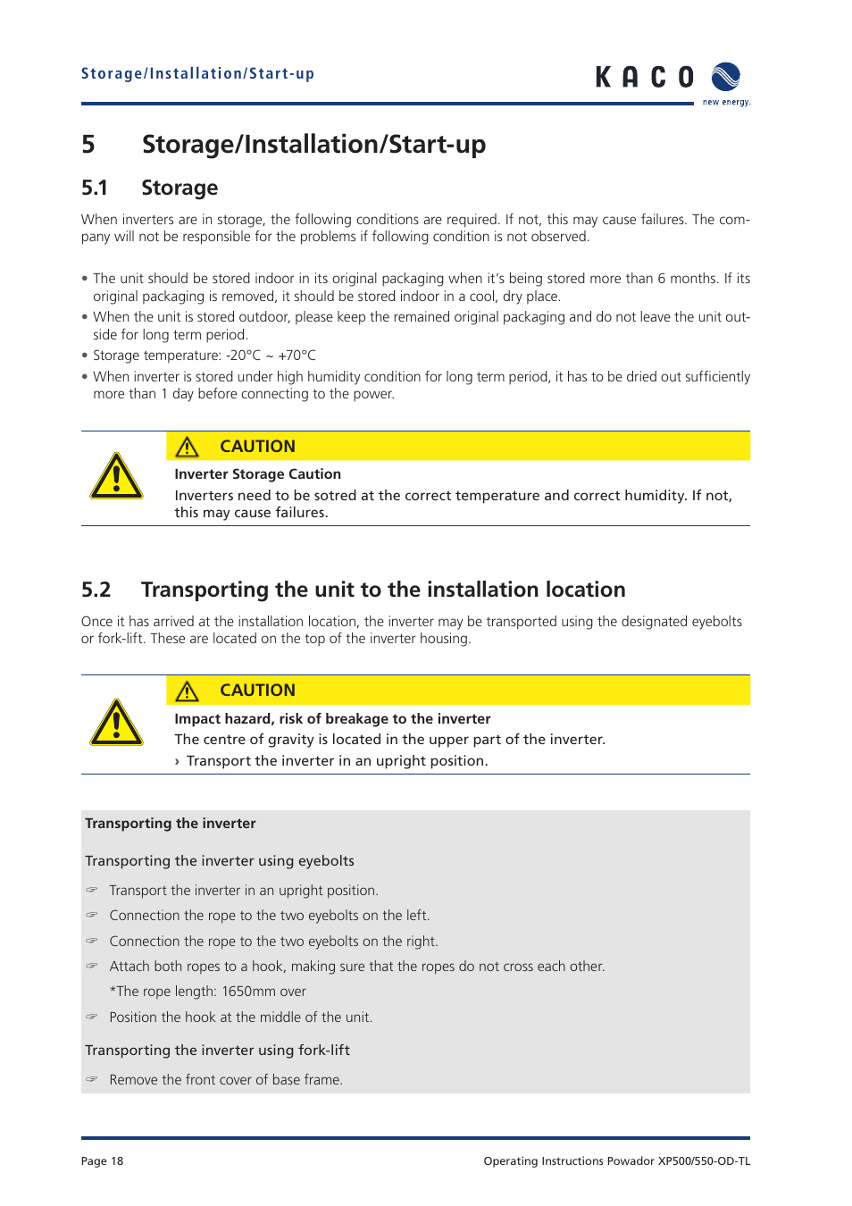 5 storage/installation/start-up, 1 storage | KACO Powador XP500-XP550-HV TL outdoor User Manual | Page 17 / 101