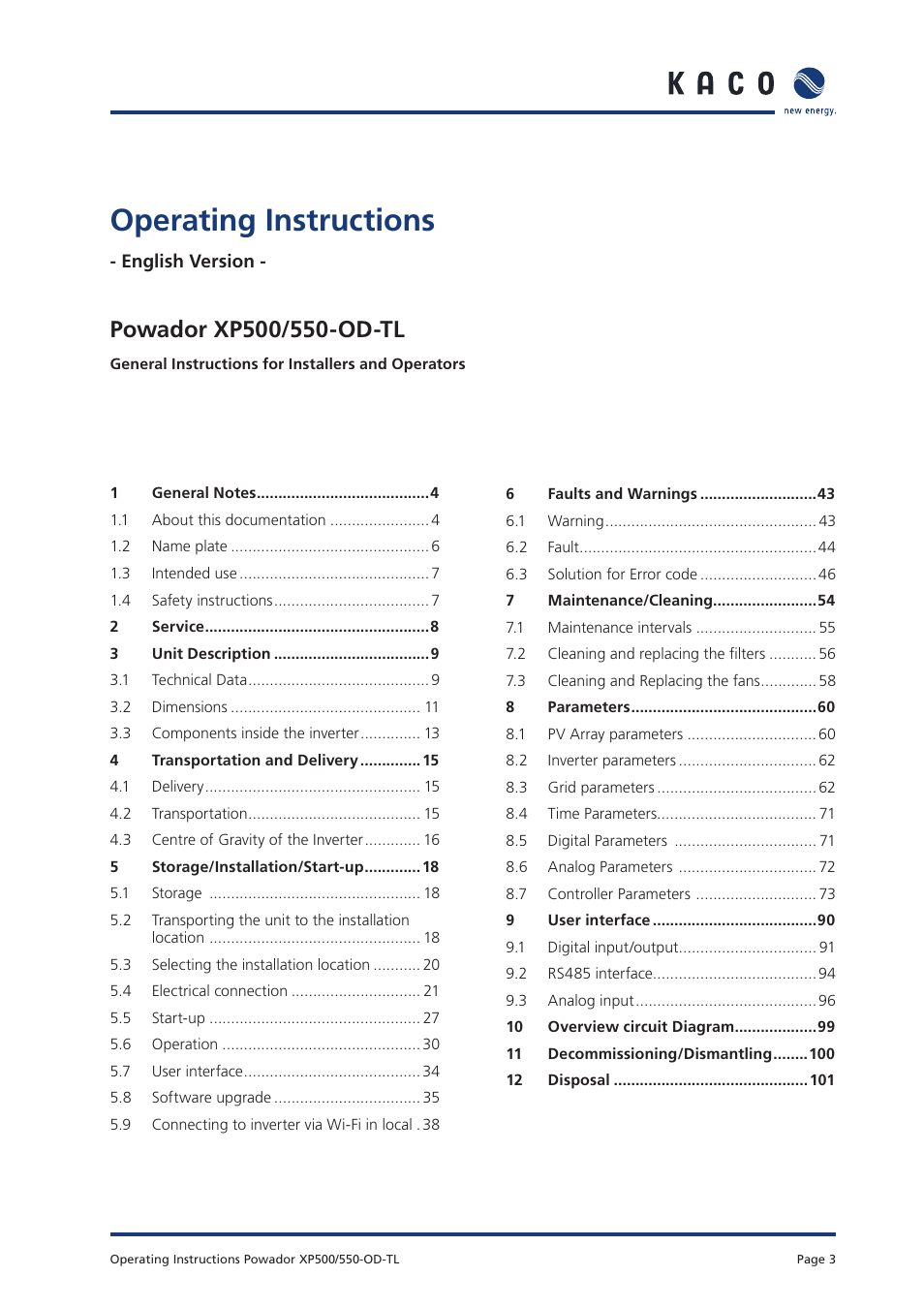 Operating instructions | KACO Powador XP500-XP550-HV TL outdoor User Manual | Page 2 / 101