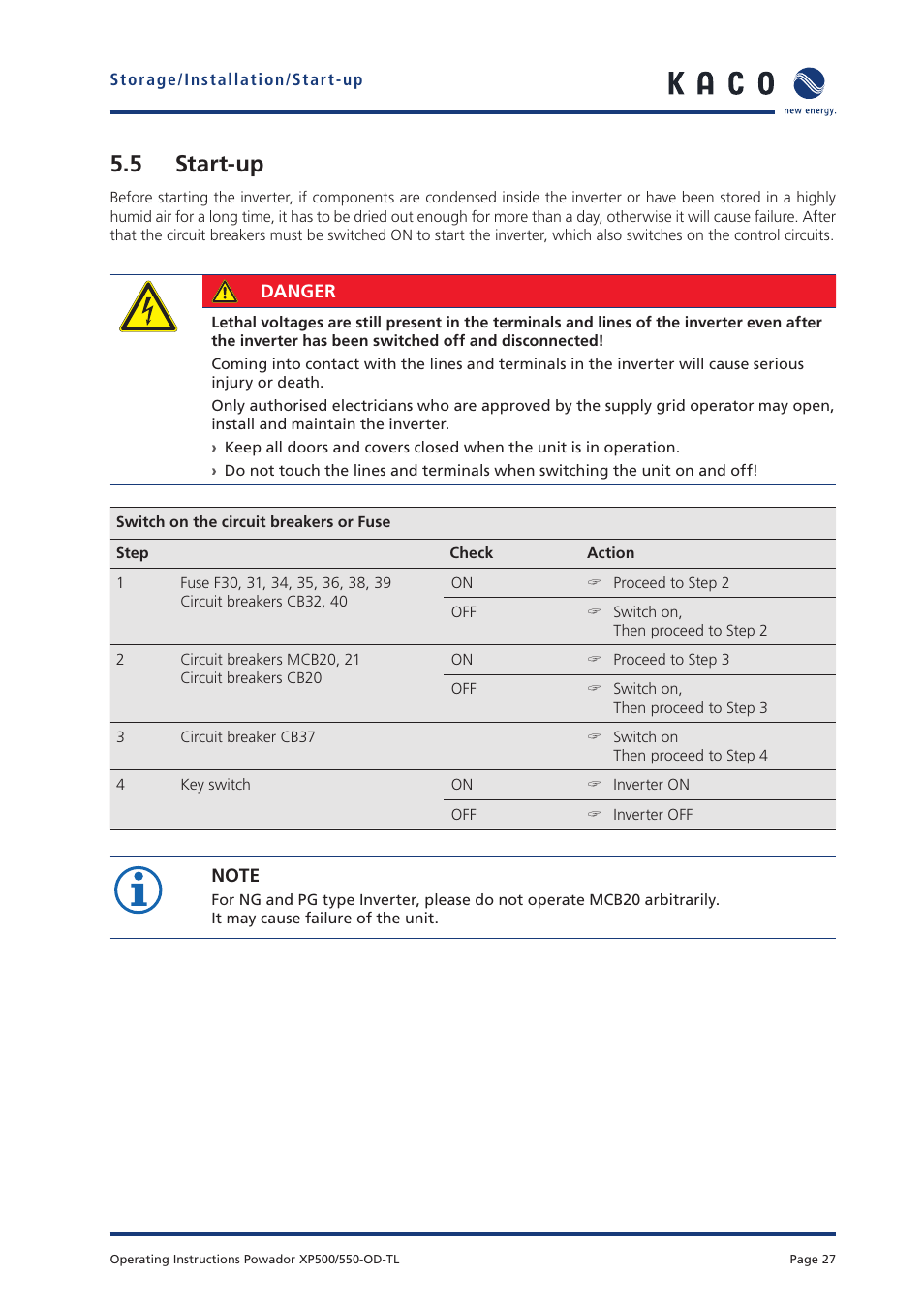 5 start-up | KACO Powador XP500-XP550-HV TL outdoor User Manual | Page 26 / 101