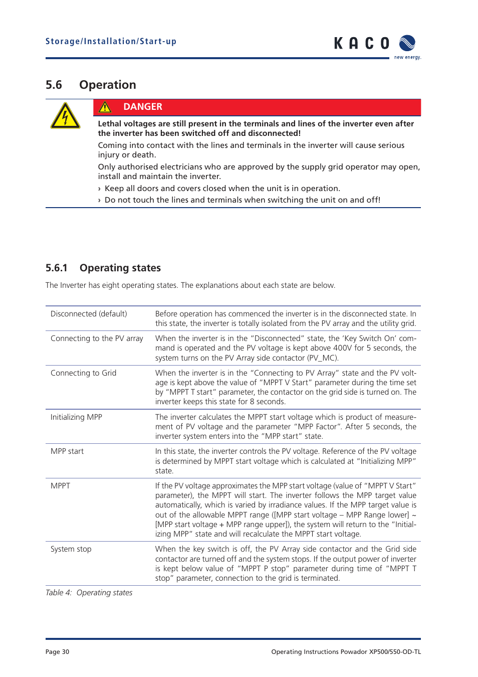 6 operation, 1 operating states | KACO Powador XP500-XP550-HV TL outdoor User Manual | Page 29 / 101