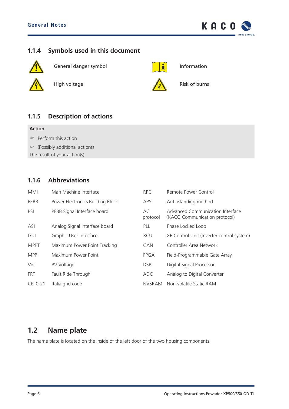 2 name plate, 4 symbols used in this document, 5 description of actions | 6 abbreviations | KACO Powador XP500-XP550-HV TL outdoor User Manual | Page 5 / 101