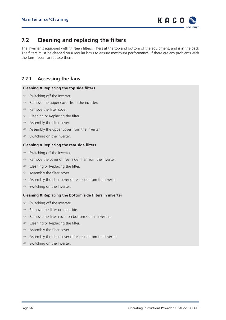 2 cleaning and replacing the fi lters, 1 accessing the fans | KACO Powador XP500-XP550-HV TL outdoor User Manual | Page 55 / 101