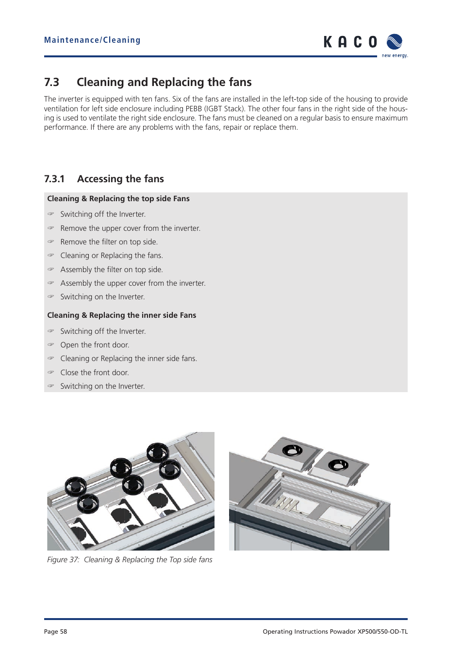 3 cleaning and replacing the fans, 1 accessing the fans | KACO Powador XP500-XP550-HV TL outdoor User Manual | Page 57 / 101