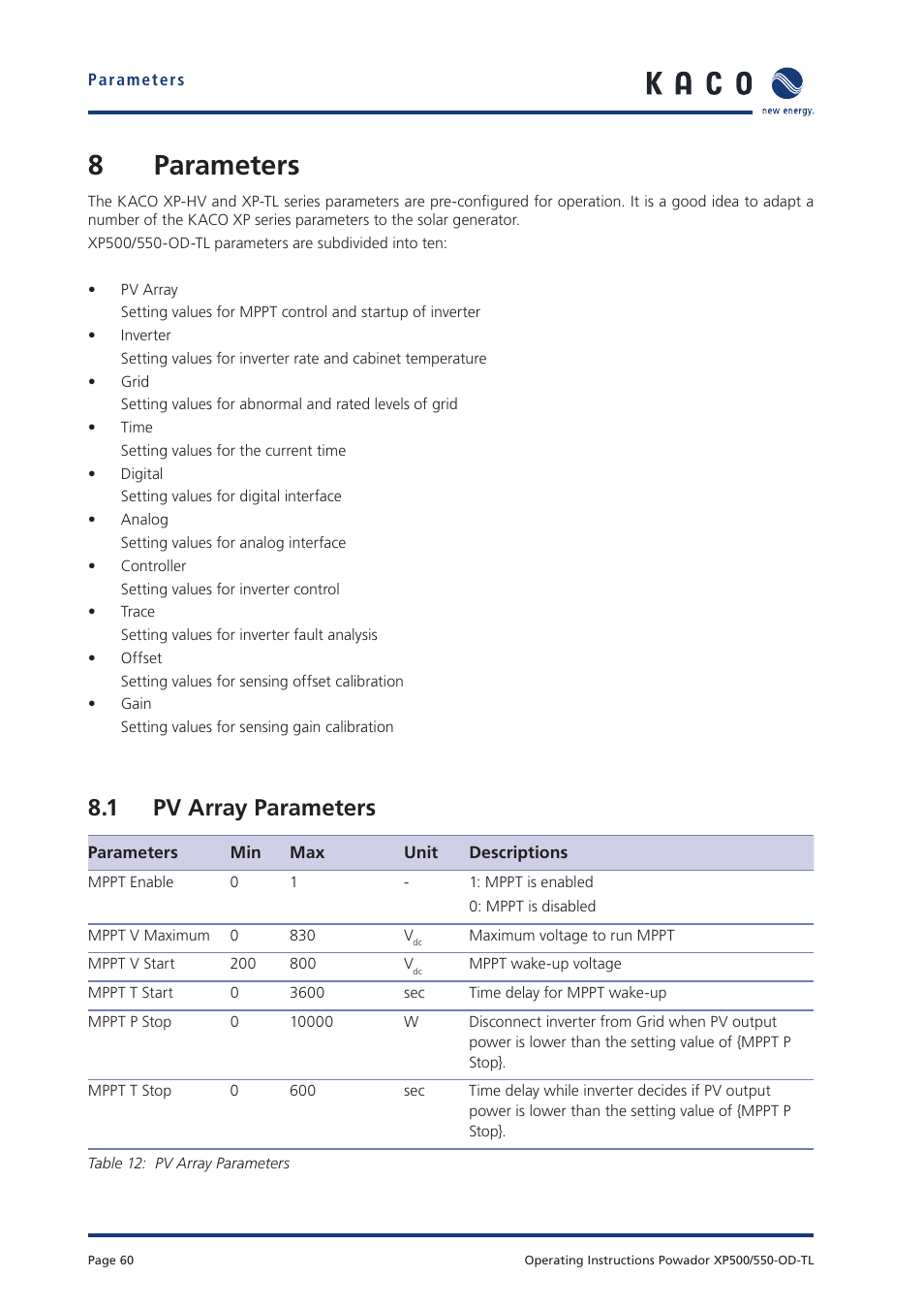 8 parameters, 1 pv array parameters | KACO Powador XP500-XP550-HV TL outdoor User Manual | Page 59 / 101