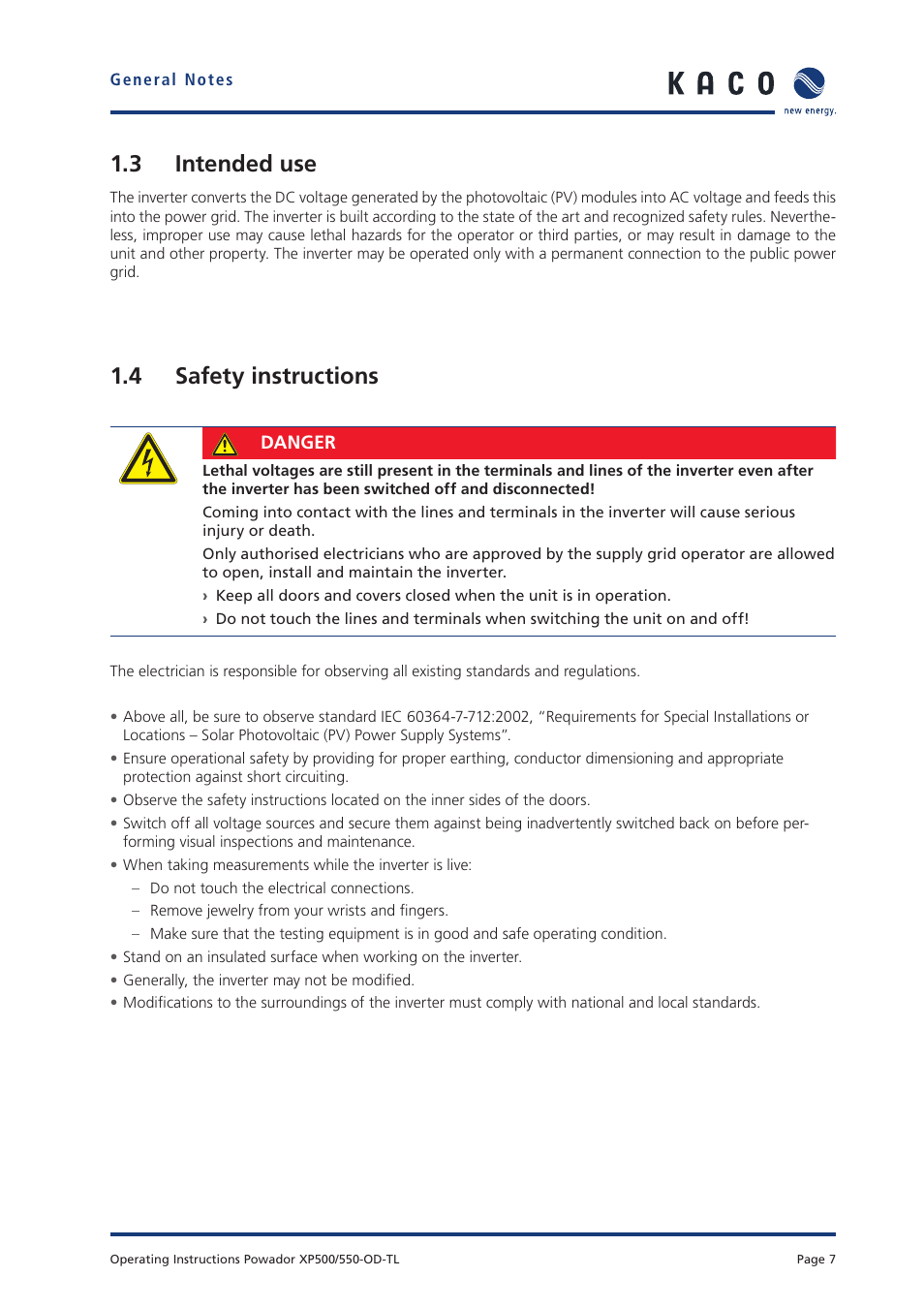 3 intended use, 4 safety instructions | KACO Powador XP500-XP550-HV TL outdoor User Manual | Page 6 / 101