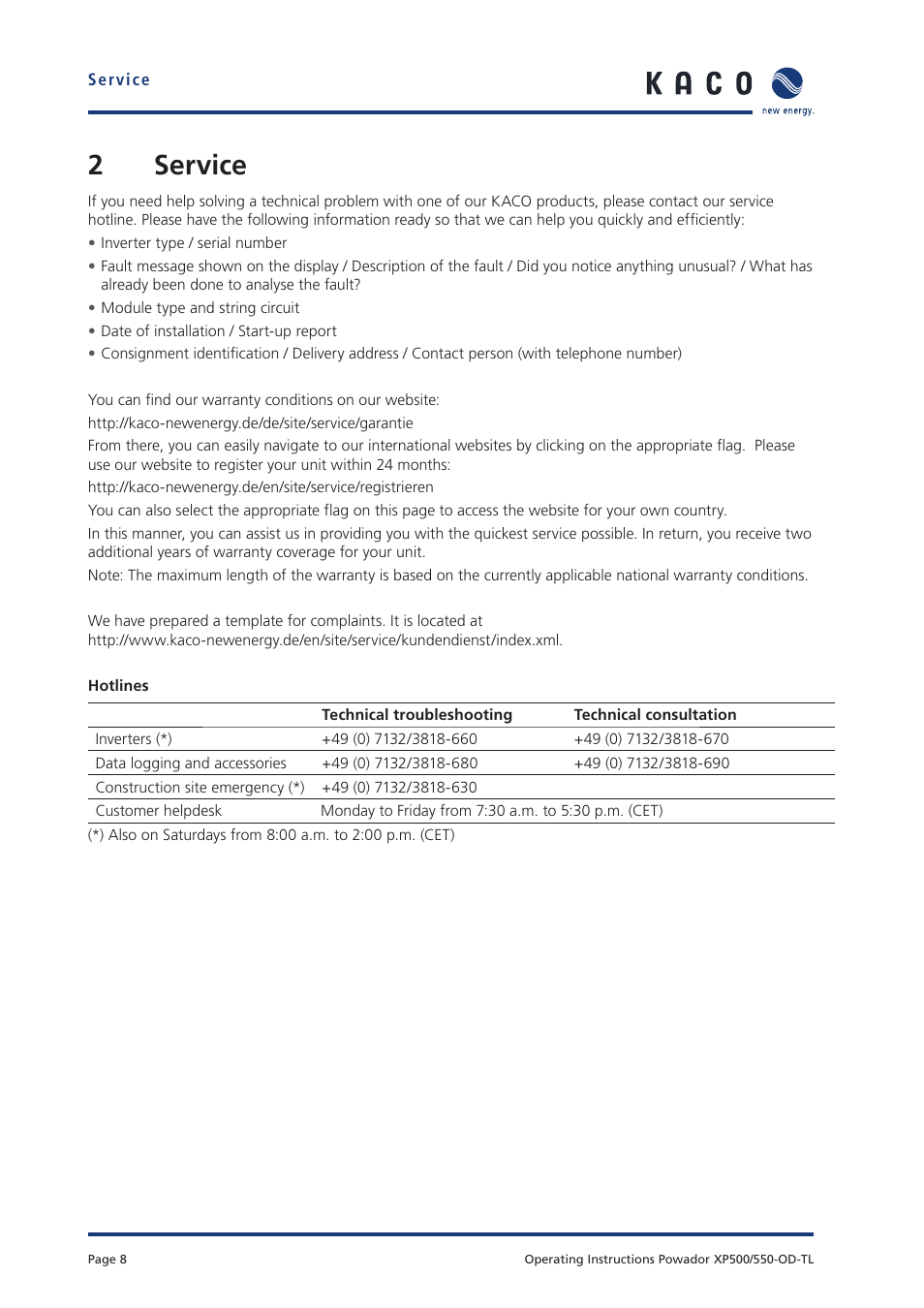 2 service | KACO Powador XP500-XP550-HV TL outdoor User Manual | Page 7 / 101