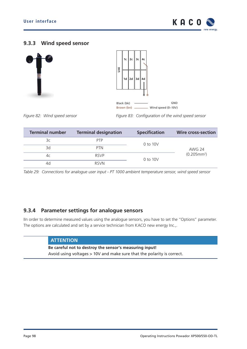 3 wind speed sensor, 4 parameter settings for analogue sensors, Attention | KACO Powador XP500-XP550-HV TL outdoor User Manual | Page 97 / 101