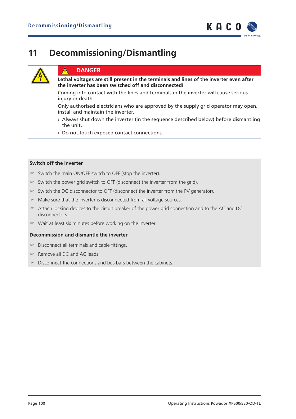 11 decommissioning/dismantling | KACO Powador XP500-XP550-HV TL outdoor User Manual | Page 99 / 101