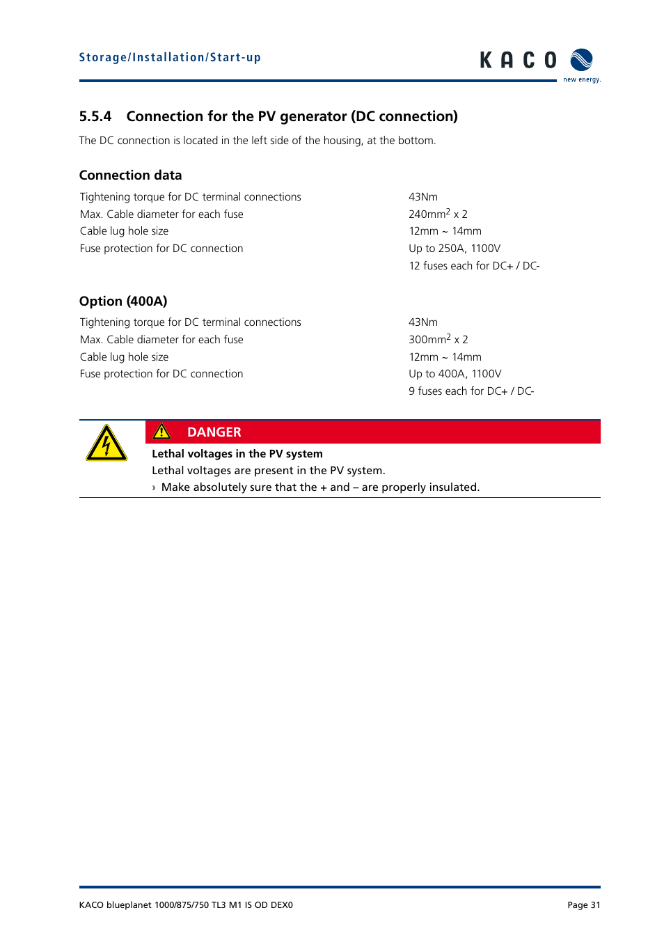 4 connection for the pv generator (dc connection) | KACO blueplanet 750 - 1000 kVA User Manual | Page 31 / 140