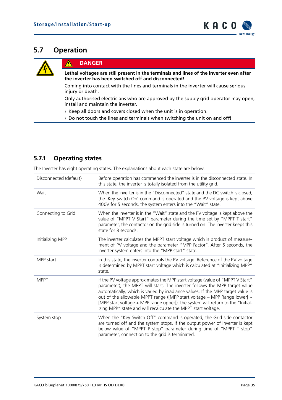 7 operation, 1 operating states | KACO blueplanet 750 - 1000 kVA User Manual | Page 35 / 140