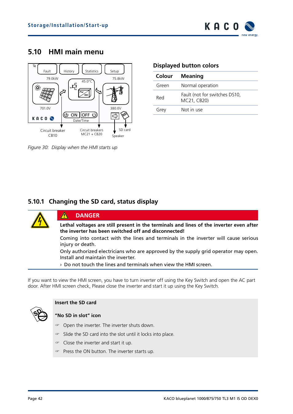 10 hmi main menu, 1 changing the sd card, status display, Displayed button colors | Danger | KACO blueplanet 750 - 1000 kVA User Manual | Page 42 / 140