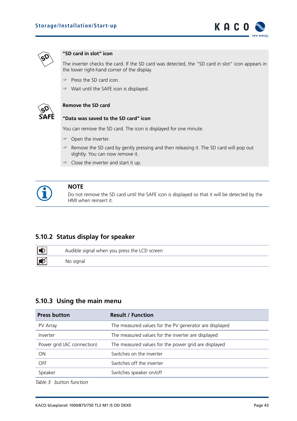 Safe, 2 status display for speaker, 3 using the main menu | KACO blueplanet 750 - 1000 kVA User Manual | Page 43 / 140